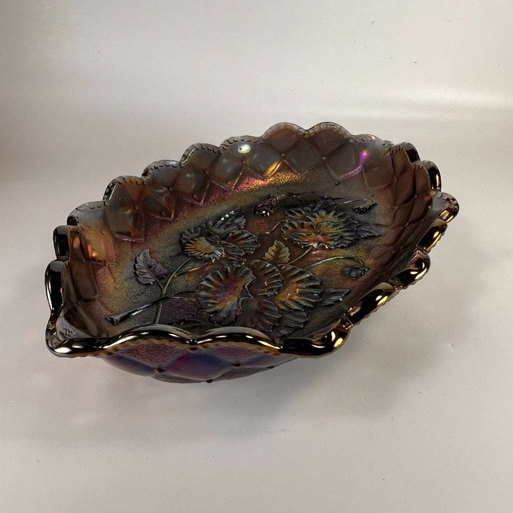 Vtg Imperial Glass Bowl Purple Carnival Iridescent Oval Pansy Pattern